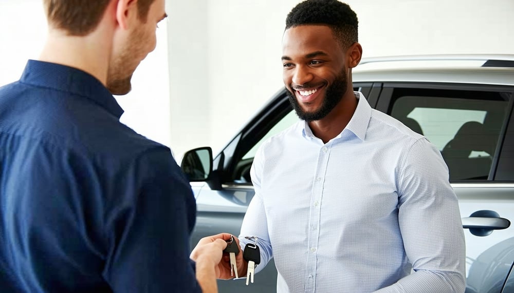 Smiling customer receiving car keys from auto broker